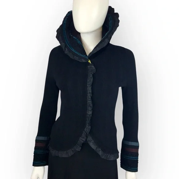 Etro Black & Teal Ruffled Cardigan Soft Angora Lace & Ribbon Detail M/44/8 - Picture 8 of 12